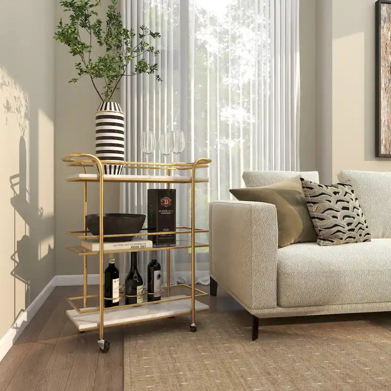 Gold Rolling Bar Cart with Marble Glass Shelves and Handles