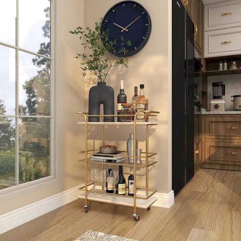 Gold Rolling Bar Cart with Marble Glass Shelves and Handles