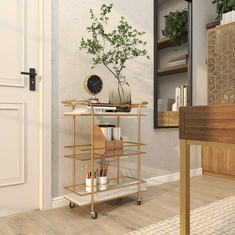 Gold Rolling Bar Cart with Marble Glass Shelves and Handles