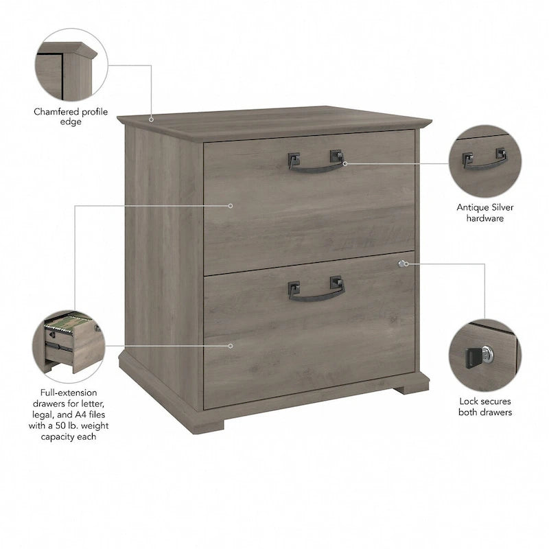 Farmhouse Two Drawer Lateral File Cabinet with Lock Silver Hardware